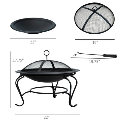 22" Round Firepit Patio Fireplace Garden Heater Portable Wood Burning Porch with Poker and Spark Screen Black