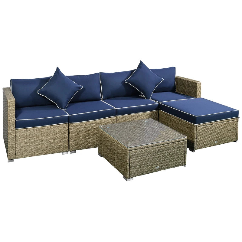 6 Pieces Outdoor PE Rattan Wicker Patio Furniture Sofa Set with Thick Cushions, Deluxe Garden Sectional Couch with Glass Top Table, Yellow and Navy Blue