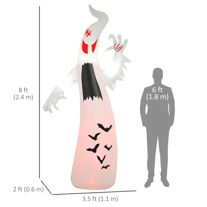 8ft Inflatable Halloween Ghost with Bat Patterns, Outdoor Blow Up Decoration, LED Garden Display