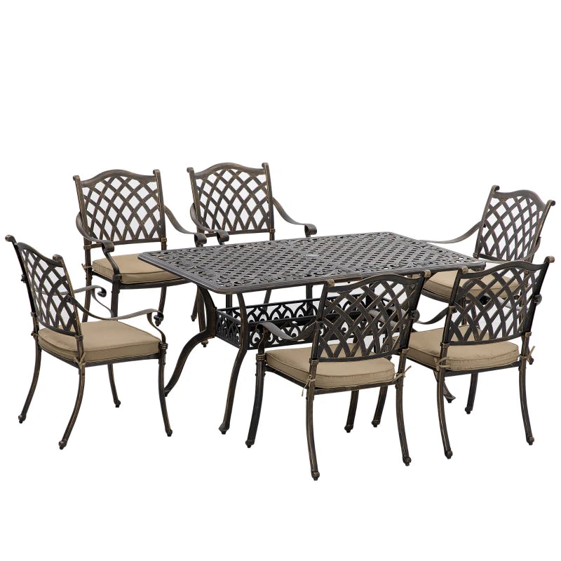 7 Pieces Patio Dining Set with Umbrella Hole, Cast Aluminum Outdoor Patio Furniture Set with 6 Cushioned Chairs and Rectangle Dining Table, for Garden, Lawn, Deck, Khaki