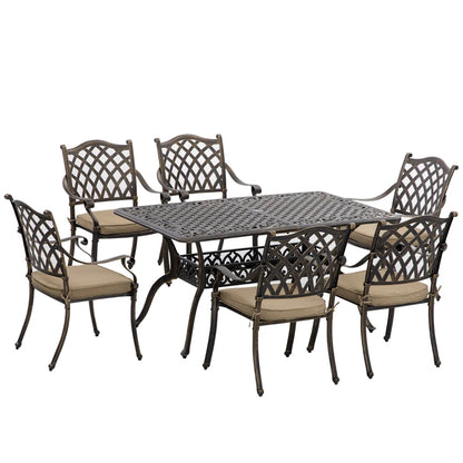 7 Pieces Patio Dining Set with Umbrella Hole, Cast Aluminum Outdoor Patio Furniture Set with 6 Cushioned Chairs and Rectangle Dining Table, for Garden, Lawn, Deck, Khaki