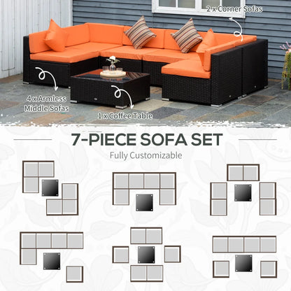 7 Piece Garden Wicker Sectional Set w/ Tea Table Patio Rattan Lounge Sofa with Cushion for Outdoor Deck Orange