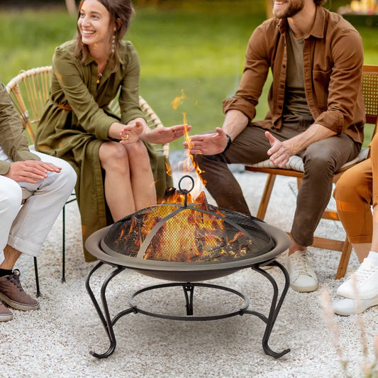 22" Round Firepit Patio Fireplace Garden Heater Portable Wood Burning Porch with Poker and Spark Screen Black