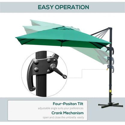 10x10ft Cantilever Umbrella with 4 Adjustable Angle and Rotation, Square Top Market Parasol with Aluminum Pole and Ribs for Backyard Patio Outdoor Area, Green