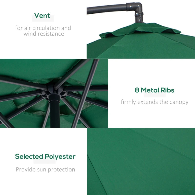 10' Deluxe Patio Umbrella Outdoor Market Parasol Banana Hanging Offset Sunshade Crank Cross Base Dark Green