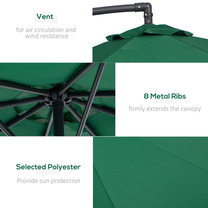 10' Deluxe Patio Umbrella Outdoor Market Parasol Banana Hanging Offset Sunshade Crank Cross Base Dark Green