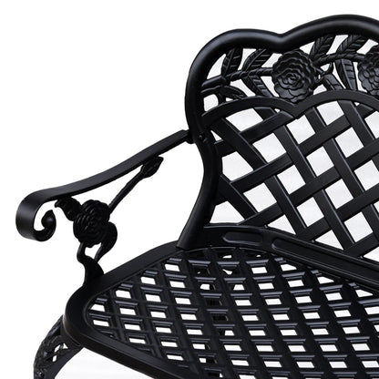 Metal Garden Bench, 2 Seater Outdoor Patio Loveseat with Armrest and Floral Scroll Backrest, 42.1"x22.8"x33.5", Black