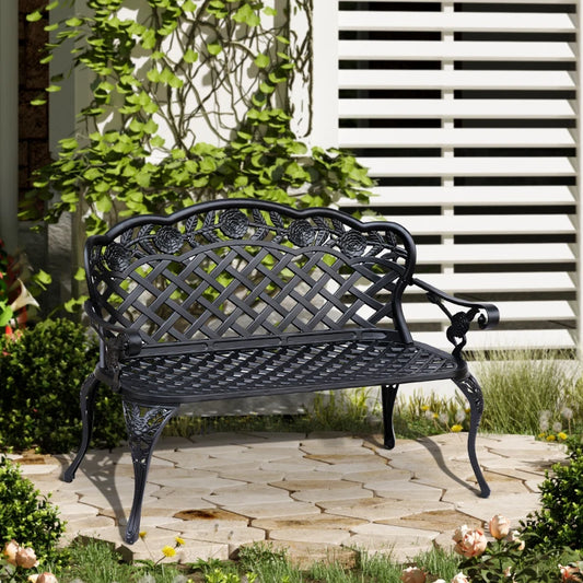 Metal Garden Bench, 2 Seater Outdoor Patio Loveseat with Armrest and Floral Scroll Backrest, 42.1"x22.8"x33.5", Black