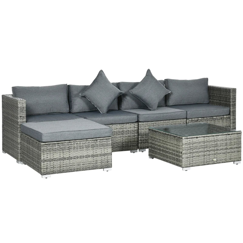 6 Pieces Outdoor PE Rattan Wicker Patio Furniture Sofa Set with Thick Cushions, Deluxe Garden Sectional Couch with Glass Top Table, Mixed Grey and Dark Grey