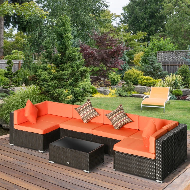 7 Piece Garden Wicker Sectional Set w/ Tea Table Patio Rattan Lounge Sofa with Cushion for Outdoor Deck Orange