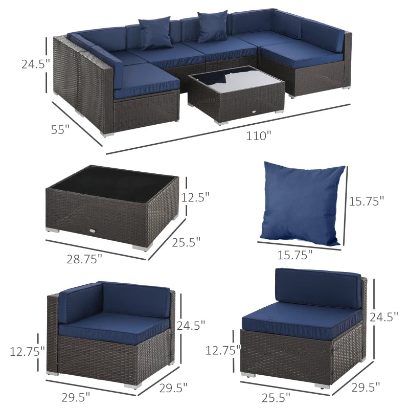 7 Pieces Patio Furniture Set, Rattan Outdoor Conversation Set Garden Wicker Sofa Set, Sectional Furniture, Navy