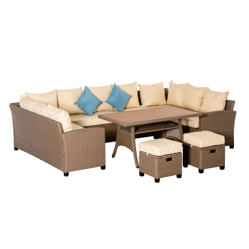 6 Pieces Patio Furniture Set, Outdoor Dinning Table Set, Wicker Sofa Set, All Weather PE Rattan Conversation Furniture, with Strip Wood Grain Plastic Coffee Table & Cushions, Khaki