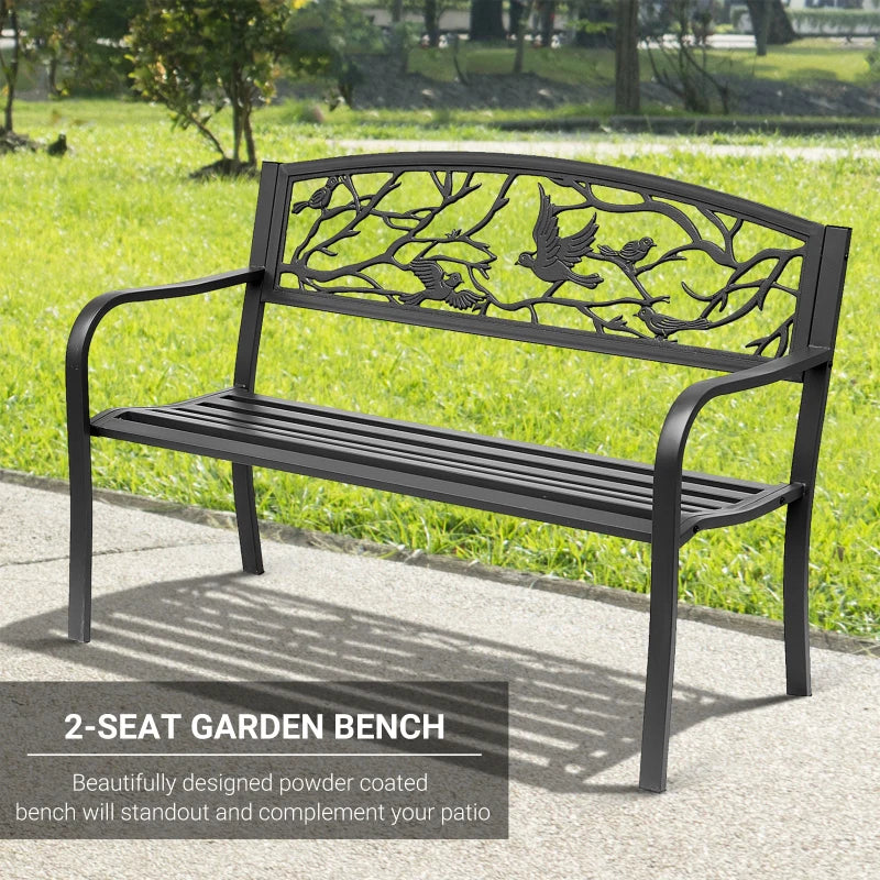 50" Garden Bench Outdoor Loveseat with Vintage Bird Pattern Cast Metal - Black