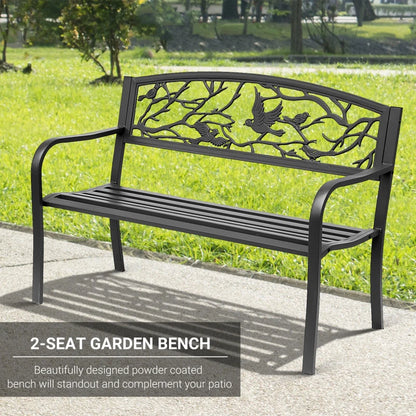 50" Garden Bench Outdoor Loveseat with Vintage Bird Pattern Cast Metal - Black