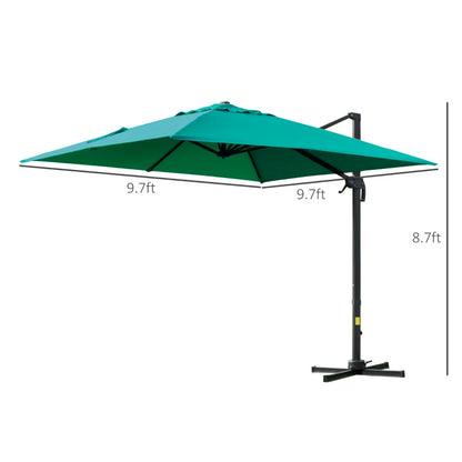 10x10ft Cantilever Umbrella with 4 Adjustable Angle and Rotation, Square Top Market Parasol with Aluminum Pole and Ribs for Backyard Patio Outdoor Area, Green