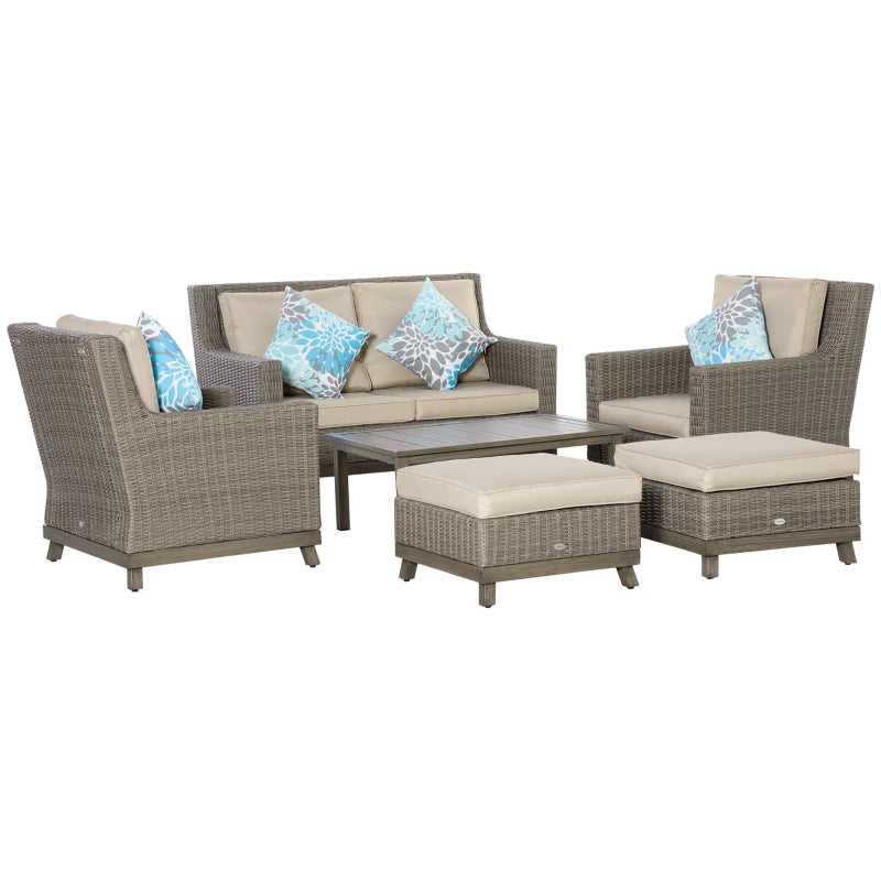 6 Pieces Patio Furniture Set, Luxury Garden Sofa Set All Aluminum Frame Half-Round Wicker Rattan Conversation Furniture w/ Aluminum Panel Table-top & Cushion, Beige