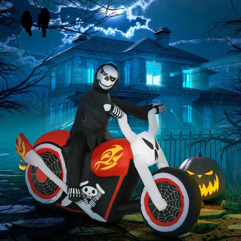 6' Long Halloween Grim Reaper Flaming Motorcycle Outdoor LED Lighted Airblown Inflatable Decoration