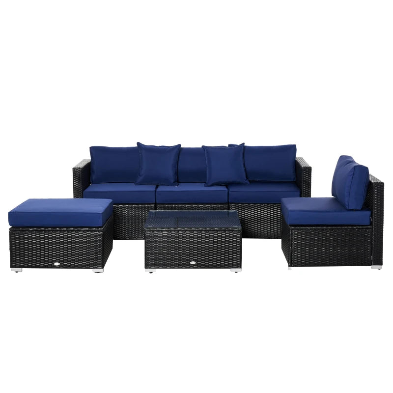 6 Pieces Outdoor PE Rattan Wicker Patio Furniture Sofa Set with Thick Cushions, Deluxe Garden Sectional Couch with Glass Top Table, Black and Dark Blue