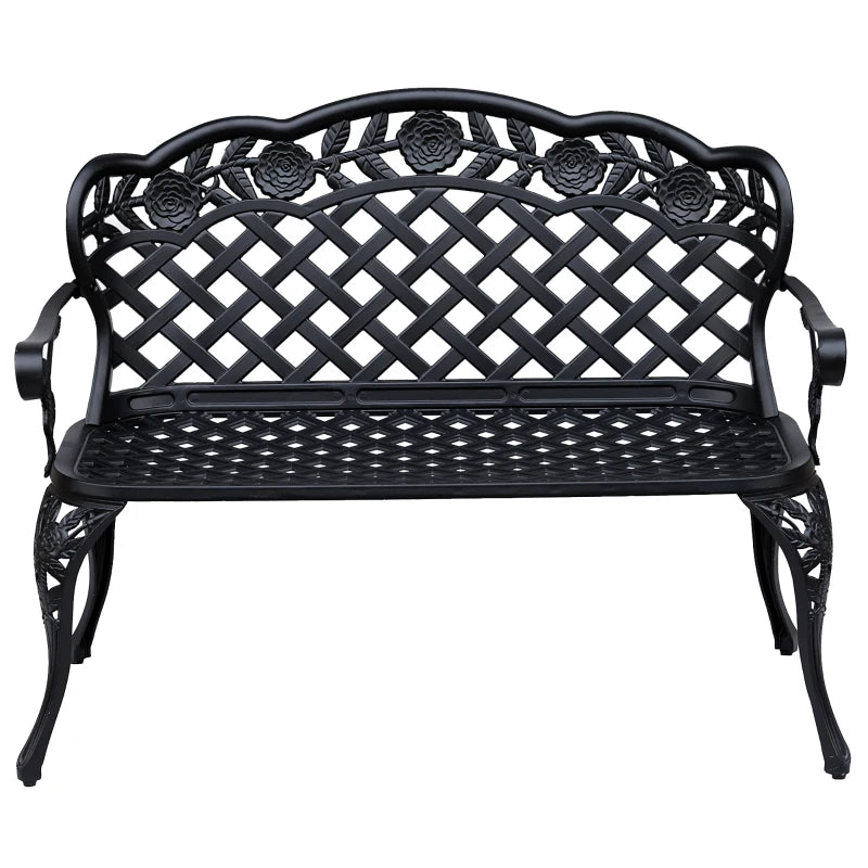 Metal Garden Bench, 2 Seater Outdoor Patio Loveseat with Armrest and Floral Scroll Backrest, 42.1"x22.8"x33.5", Black