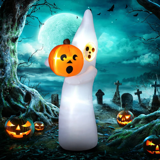 8ft Inflatable Halloween Ghost with Mirror Face Holding A Pumpkin, Outdoor Blow Up Decoration