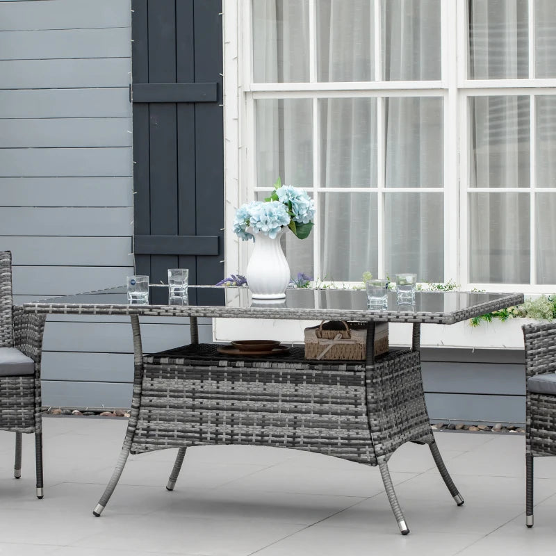 Dining Table, Patio Rattan Dining Table with Glass Top, Storage Shelf for Yard, 59" x 34" x 29", Grey