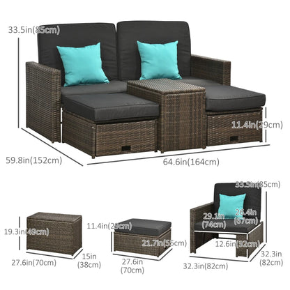 5 Pieces Wicker Patio Furniture Set with Cushions, Outdoor PE Rattan Sofa Set w/ Adjustable Chaise Lounge Chair, Storage Coffee Table, Dark Grey