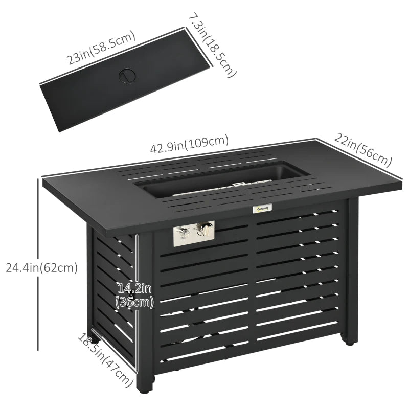 Propane Gas Fire Pit Table, Outdoor Firepit with 43" Steel Tabletop and Lid, 50,000 BTU Pulse Ignition Fire Table w/ Stainless Steel Burner, Glass Wind Guard, and Cover