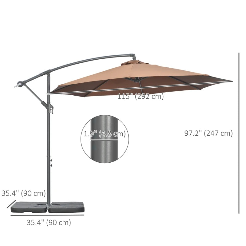 9.6ft Outdoor Umbrella with Crank Garden UV Resistant Hanging Parasol with Base Banana Cantilever Umbrella for Patio, Coffee