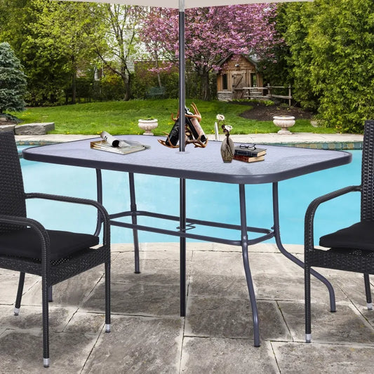 Metal Garden Dining Tables Outdoor Patio w/ Tempered Glass Top, Umbrella Hole, 55" x 31.5"