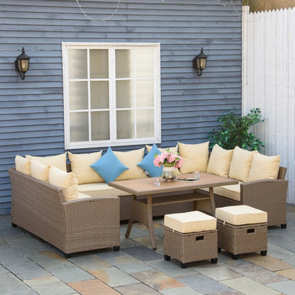 6 Pieces Patio Furniture Set, Outdoor Dinning Table Set, Wicker Sofa Set, All Weather PE Rattan Conversation Furniture, with Strip Wood Grain Plastic Coffee Table & Cushions, Khaki