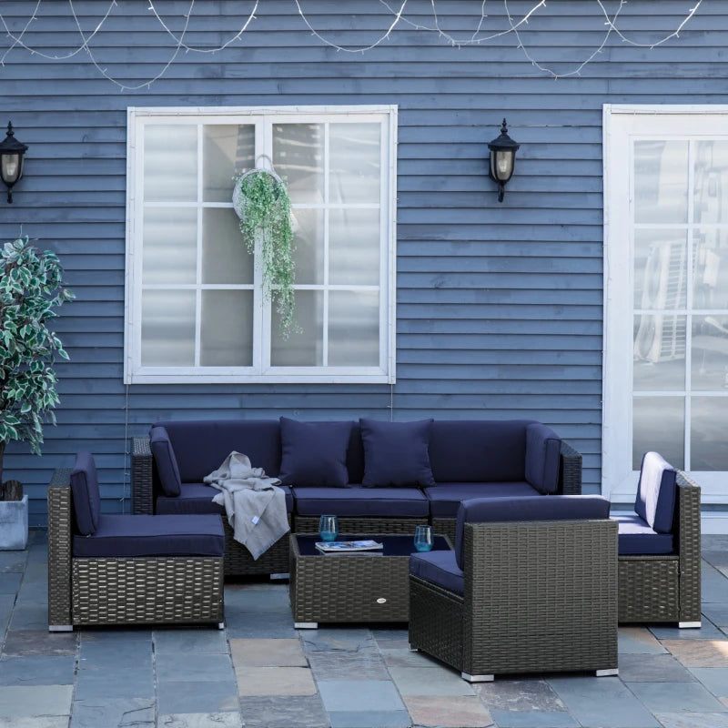 7 Pieces Patio Furniture Set, Rattan Outdoor Conversation Set Garden Wicker Sofa Set, Sectional Furniture, Navy