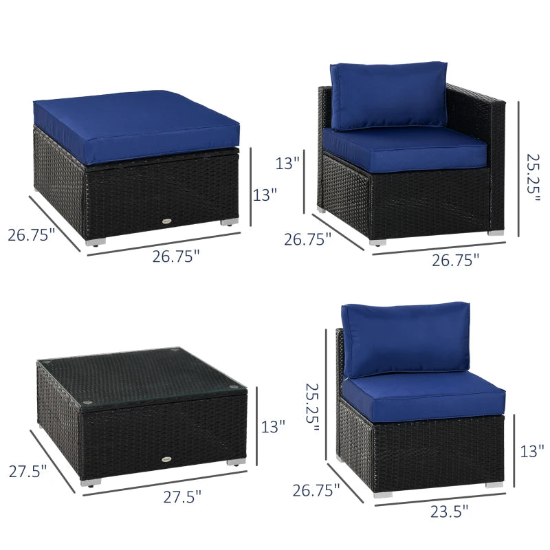 6 Pieces Outdoor PE Rattan Wicker Patio Furniture Sofa Set with Thick Cushions, Deluxe Garden Sectional Couch with Glass Top Table, Black and Dark Blue