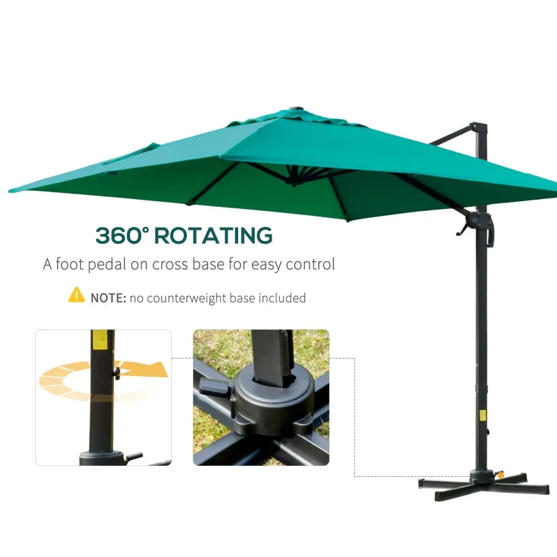 10x10ft Cantilever Umbrella with 4 Adjustable Angle and Rotation, Square Top Market Parasol with Aluminum Pole and Ribs for Backyard Patio Outdoor Area, Green