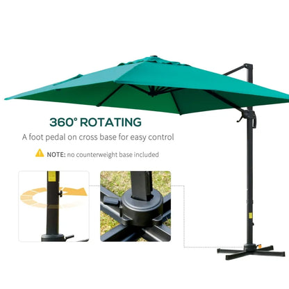 10x10ft Cantilever Umbrella with 4 Adjustable Angle and Rotation, Square Top Market Parasol with Aluminum Pole and Ribs for Backyard Patio Outdoor Area, Green