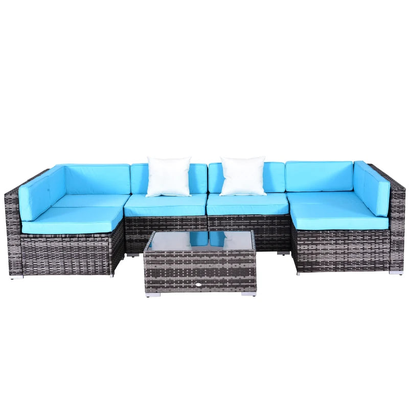 7 Pieces Outdoor Rattan Furniture Set, Patio Wicker Sectional Conversation Sofa Set w/ Cushions & Coffee Table Light Blue