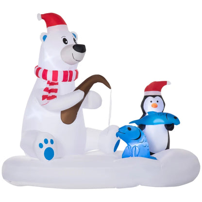 6ft Christmas Inflatable Polar Bear and Penguin with Santa's Hat Fishing on Board, Blow-Up Outdoor LED Yard Display