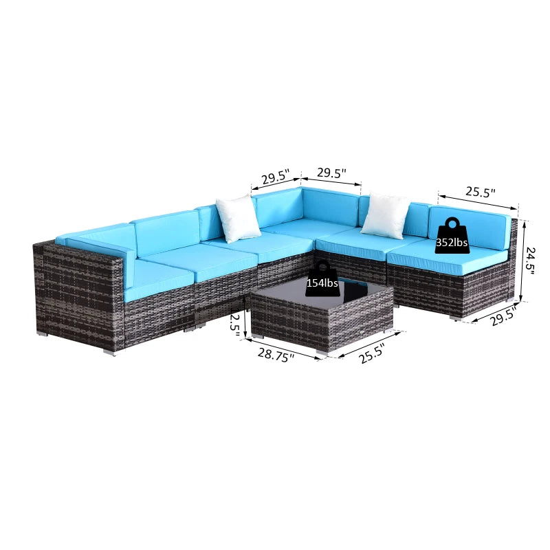 7 Pieces Outdoor Rattan Furniture Set, Patio Wicker Sectional Conversation Sofa Set w/ Cushions & Coffee Table Light Blue