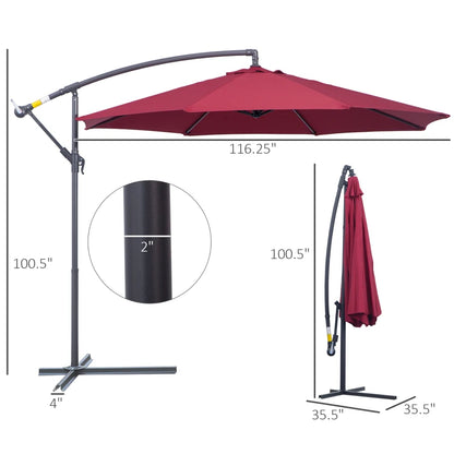 10' Deluxe Patio Umbrella Outdoor Market Parasol Banana Hanging Offset Sunshade Crank Cross Base Wine Red