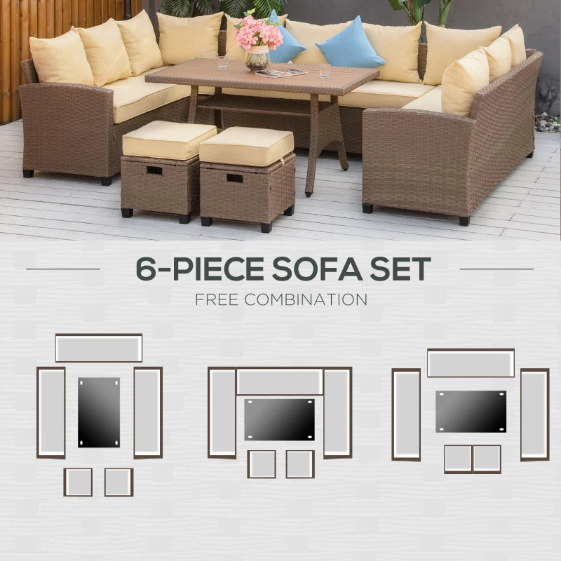 6 Pieces Patio Furniture Set, Outdoor Dinning Table Set, Wicker Sofa Set, All Weather PE Rattan Conversation Furniture, with Strip Wood Grain Plastic Coffee Table & Cushions, Khaki