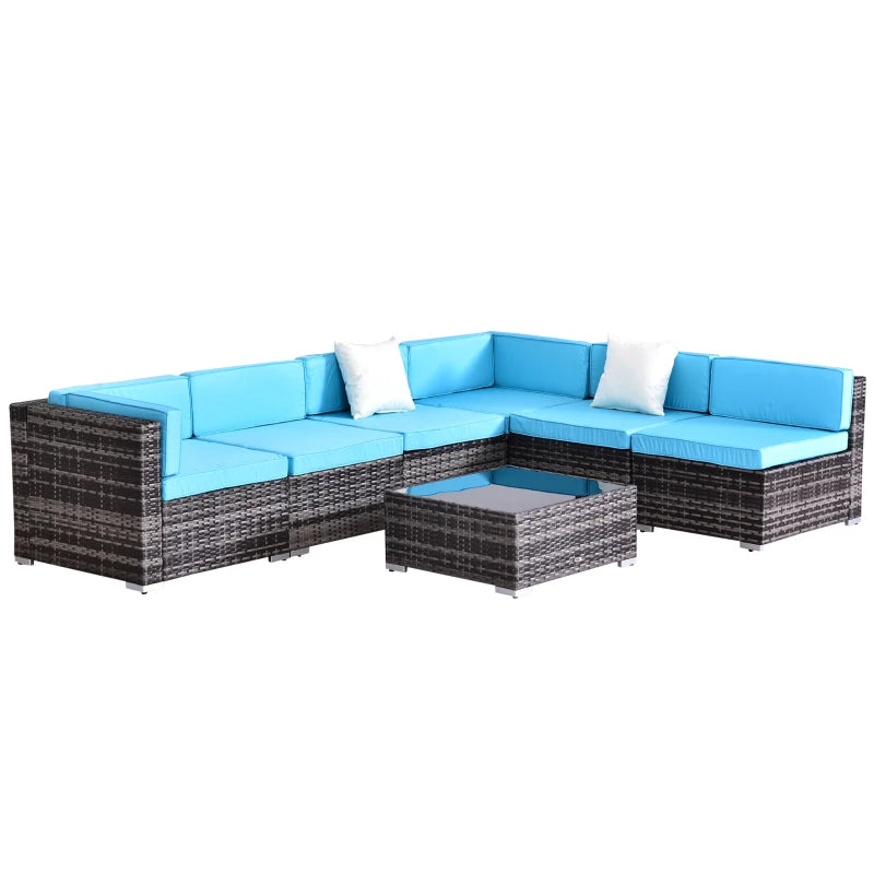 7 Pieces Outdoor Rattan Furniture Set, Patio Wicker Sectional Conversation Sofa Set w/ Cushions & Coffee Table Light Blue