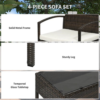 4 Pieces Patio Furniture Sets with A Loveseat, Two Armchairs and A Coffee Table, Outdoor Conversation Set with Glass Top Table, Brown PE Rattan and Cream White Cushions