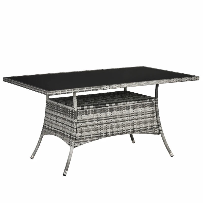 Dining Table, Patio Rattan Dining Table with Glass Top, Storage Shelf for Yard, 59" x 34" x 29", Grey