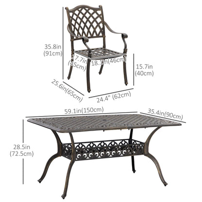 7 Pieces Patio Dining Set with Umbrella Hole, Cast Aluminum Outdoor Patio Furniture Set with 6 Cushioned Chairs and Rectangle Dining Table, for Garden, Lawn, Deck, Khaki