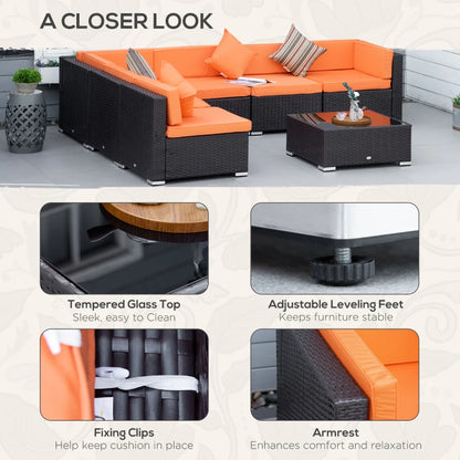 7 Piece Garden Wicker Sectional Set w/ Tea Table Patio Rattan Lounge Sofa with Cushion for Outdoor Deck Orange