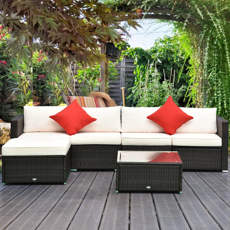 6 Pieces Outdoor PE Rattan Wicker Patio Furniture Sofa Set with Thick Cushions, Deluxe Garden Sectional Couch with Glass Top Table, Dark Coffee and Cream White