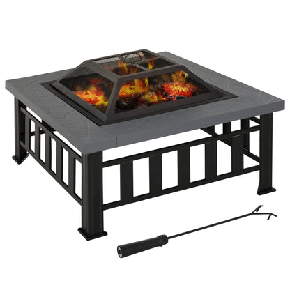 34" Outdoor Square Firepit Steel Stove Portable with Spark Screen Cover Log Grate Poker and Rain Cover for Outside Wood Burning and Camping Black