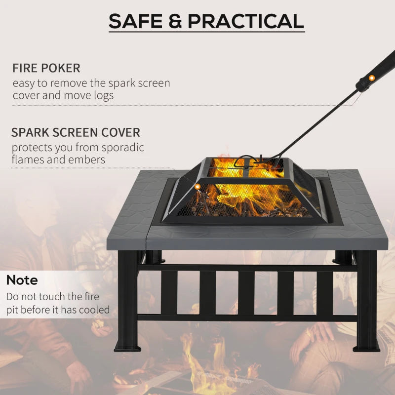 34" Outdoor Square Firepit Steel Stove Portable with Spark Screen Cover Log Grate Poker and Rain Cover for Outside Wood Burning and Camping Black