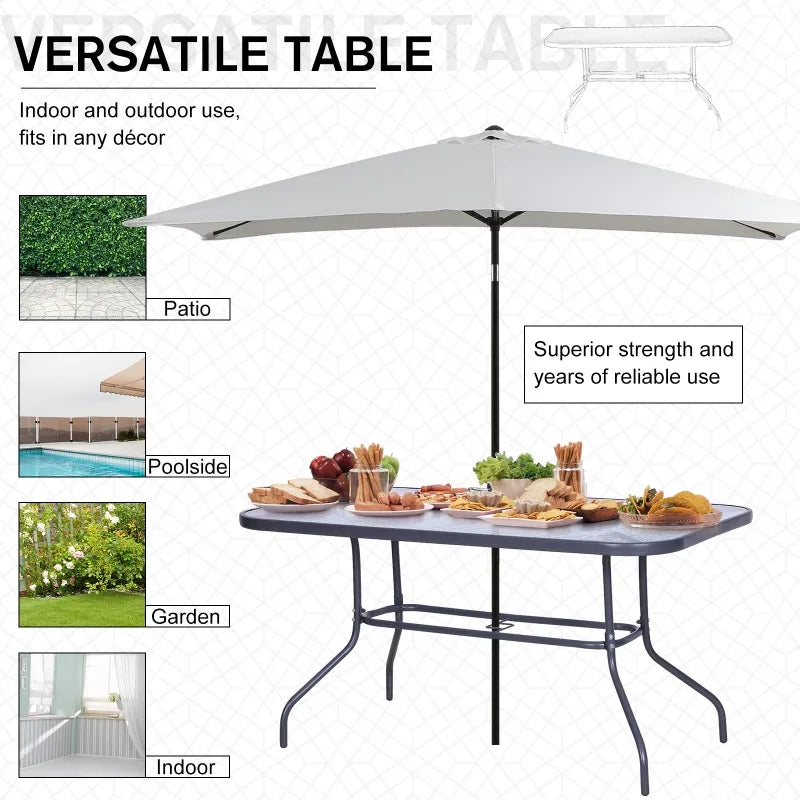 Metal Garden Dining Tables Outdoor Patio w/ Tempered Glass Top, Umbrella Hole, 55" x 31.5"