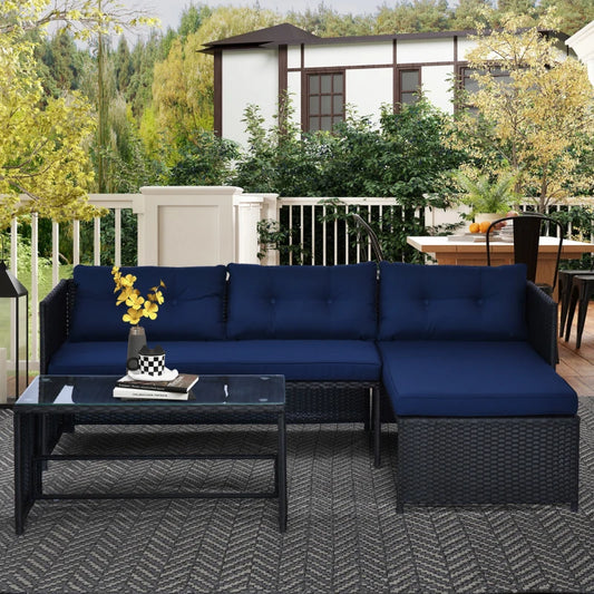 3pcs Outdoor Rattan Wicker Sofa and Chaise Lounge Set with Cushion Garden Patio Furniture Black and Dark Blue