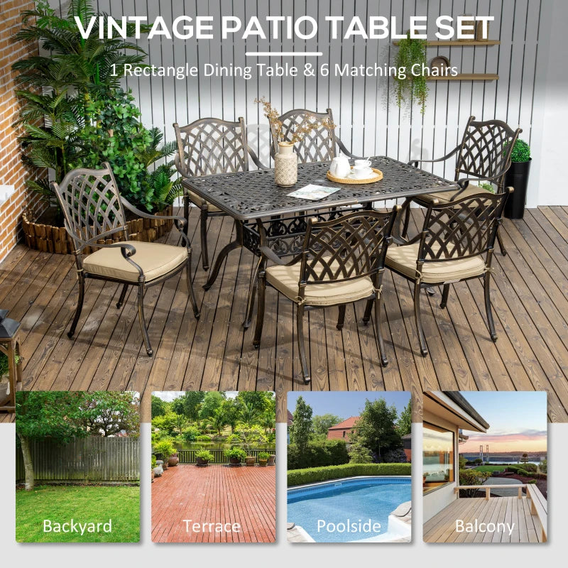 7 Pieces Patio Dining Set with Umbrella Hole, Cast Aluminum Outdoor Patio Furniture Set with 6 Cushioned Chairs and Rectangle Dining Table, for Garden, Lawn, Deck, Khaki